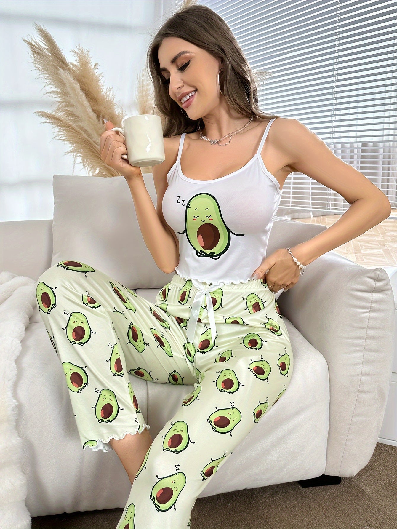 Graphic Print Lounge Set, Scoop Neck Lettuce Trim Cami Top & Pants - Women's Loungewear & Sleepwear - Soft & Comfortable Fabric - Perfect for Relaxing at Home - Ideal Gift for Women
